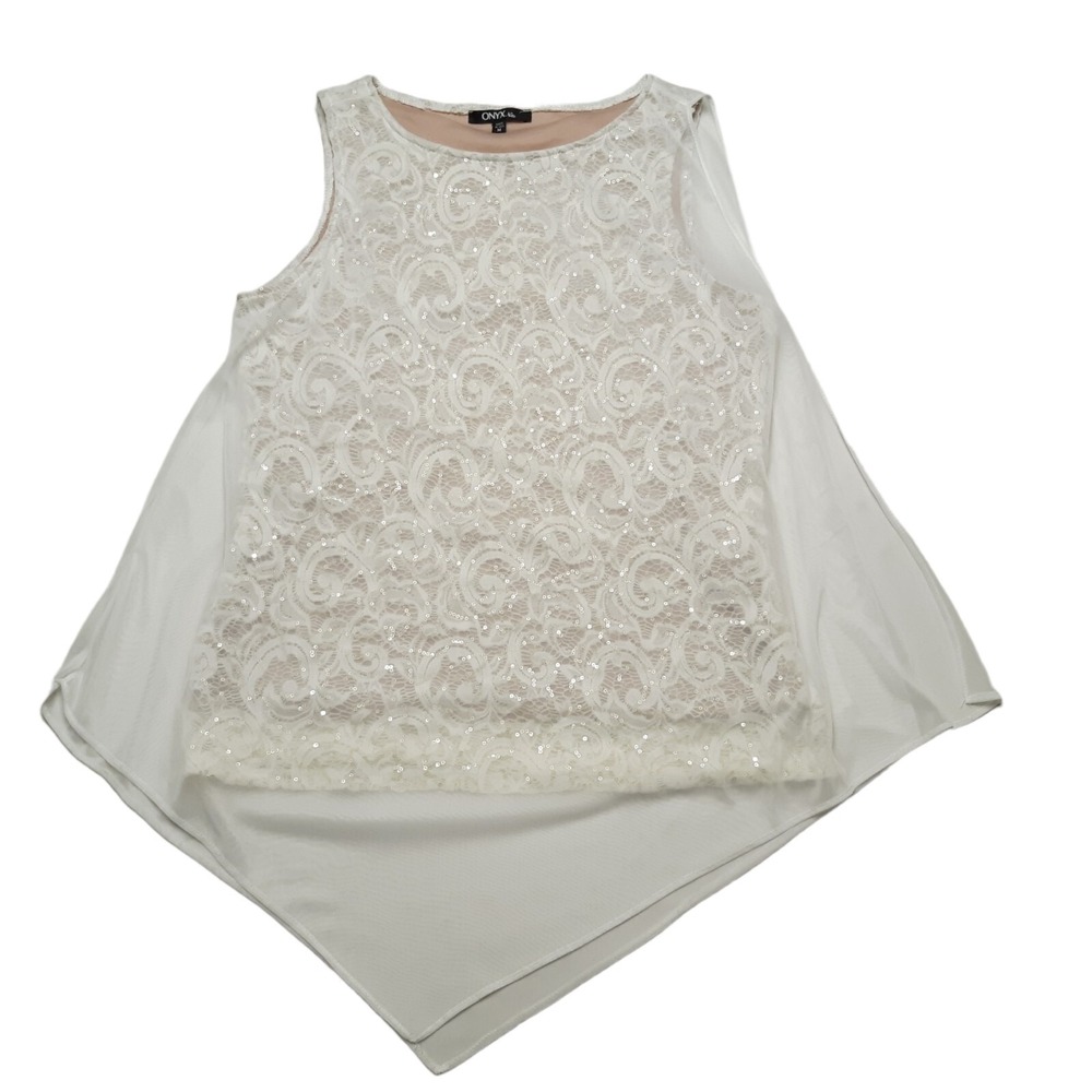 Onyx Nite‎ Top Womens Medium White Lace Sequin Overlay Sleeveless Asymmetrical